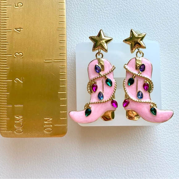 Pink Star Top Cowboy Boot Earrings with Multicolor Gems - Picture 2 of 3